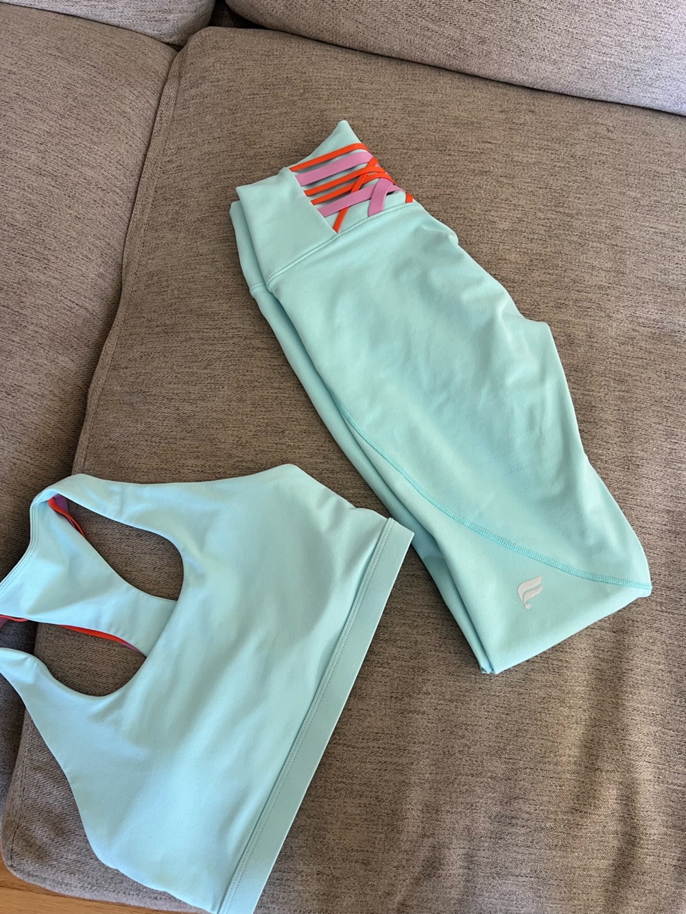 Fabletics Light Aqua Strappy Sports Bra and Leggings Set